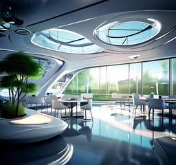 Poster - a modern, futuristic dining area with a sleek, curved ceiling, large windows offering a view of greenery, and tables and chairs arranged for dining.