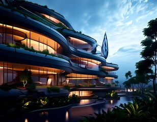 Aufkleber - a futuristic architectural design with curved lines and glass walls, set against a serene natural landscape with a body of water and trees.