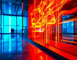 Aufkleber - a modern interior space with a striking red and blue color scheme. The focal point is a large glass wall that reflects the vibrant colors, creating a dynamic and