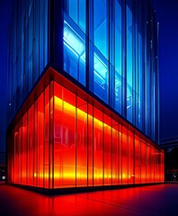 Aufkleber - The modern building with a glass facade is illuminated by a vibrant red and blue light, creating a striking visual effect against the dark night sky.