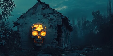 Poster - Glowing skull fragmented house endless night