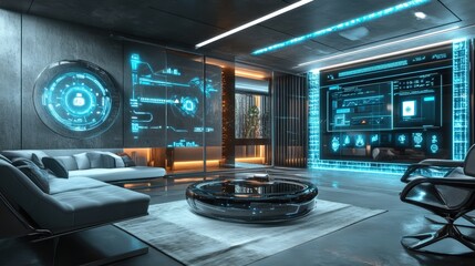 Poster - futuristic home where smart technology integrates seamlessly into daily life.