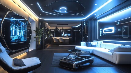 Poster - futuristic home where smart technology integrates seamlessly into daily life.