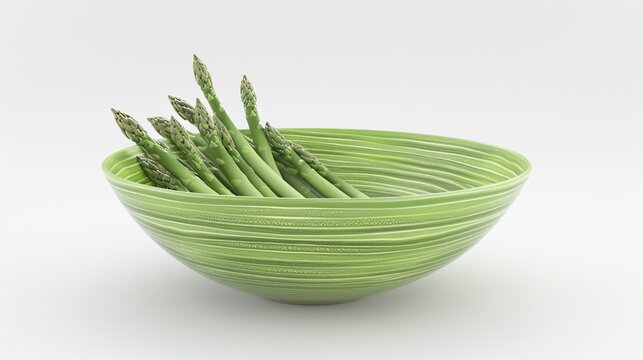 79. A bowl filled with fresh asparagus, set against a white isolated background. The asparagus spears are rendered with detailed textures and vivid green hues, highlighting their freshness and