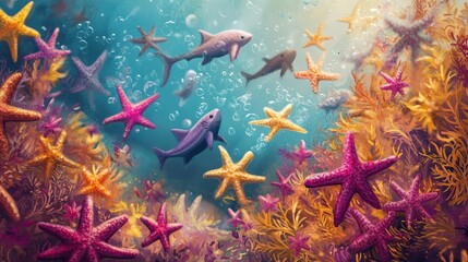 lively underwater scene featuring a school of fish swimming through a field of colorful sea stars.