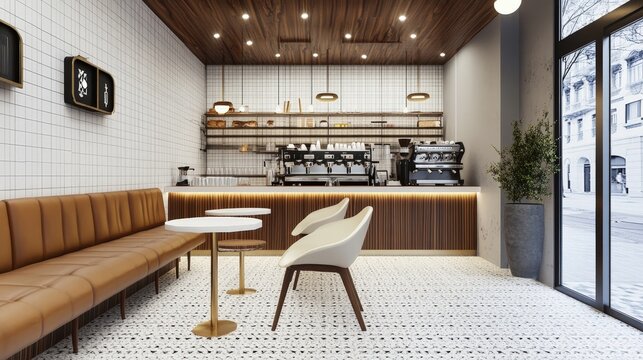 modern coffee shop with an elegant, mid-century modern style