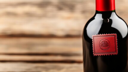 Red wine bottle with terroir stamp, close-up, rustic background, 3D illustration