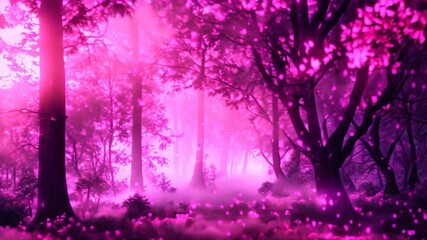 Poster - A mystical forest with pink foliage and a pink sky, shrouded in fog, A mystical forest with pink foliage and a pink sky
