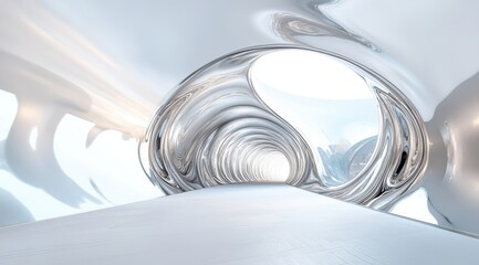 A futuristic tunnel made of shiny chrome and glass, with a white background. The tunnel is curved at the end to create an abstract entrance. 