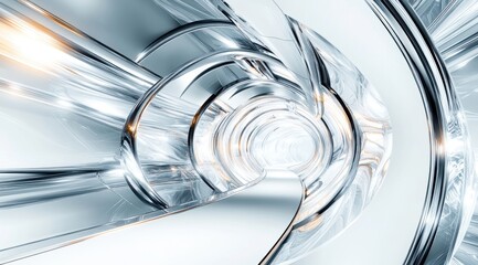 Poster - 3d render of a futuristic, abstract background with a chrome and glass tunnel on a white background.