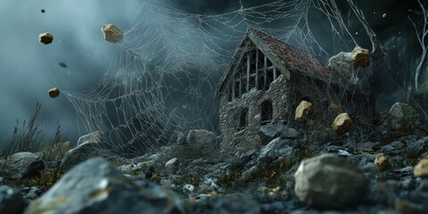 Spider web fragmented house levitating rocks