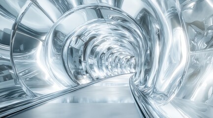 Poster - an abstract, futuristic tunnel made of chrome and glass against a white background, captured in high