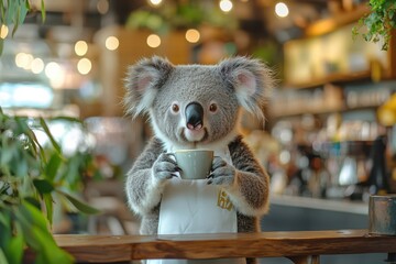 Wall Mural - a koala is sitting at a counter with a cup in its mouth