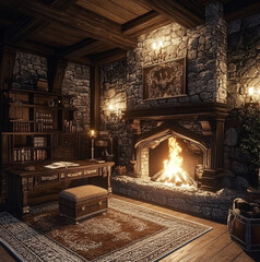 Wall Mural - Luxurious and dark medieval office. There is a fireplace with a seat in front of it