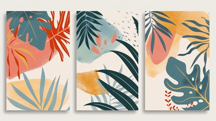 Canvas Print - 139. Vector illustration of summer backgrounds with tropical palm leaves, designed in a modern abstract style. The covers set includes minimal, trendy designs, ideal for jungle and beach themed