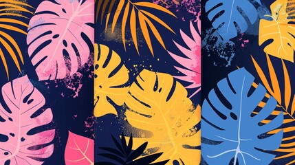 144. Abstract summer backgrounds with tropical palm leaves, featuring creative and bright modern designs. The set includes trendy minimal covers with vibrant colors, suitable for jungle and beach