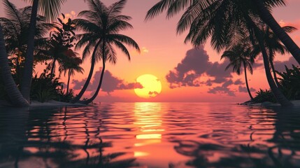 Poster - scene of a sunset in a tropical paradise.