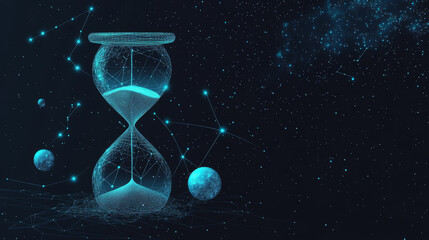 A picture of a hourglass made from stars and planets. It's like a starry night sky, with dots, lines, and shapes that look like space.low poly vector illustration.