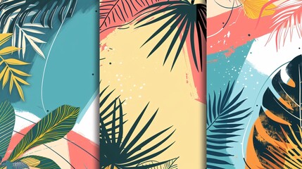 Canvas Print - 163. Editable vector templates with a vibrant summer theme, showcasing tropical palm leaves and elements of travel, vacation, and the beach. These colorful backgrounds are ideal for posters, banners,