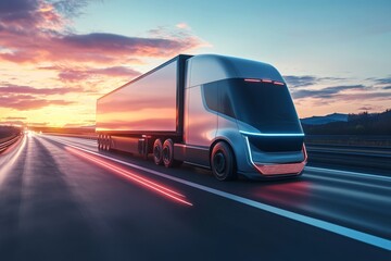 Futuristic electric vans and trucks on highway for logistics and sustainable energy solutions mockup