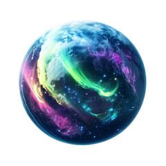 Wall Mural - a planet with a vibrant aurora borealis dancing across its poles, isolated on white background.