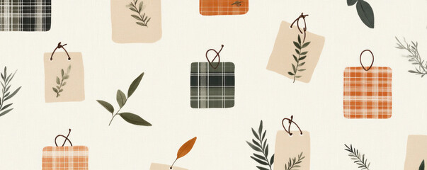Poster - A pattern of boxes with tags on them, some of which are green and some are orange. The boxes are arranged in a way that creates a sense of movement and flow. Scene is one of warmth and coziness