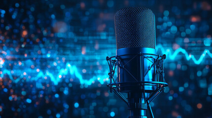 A professional microphone is shown,  with sound waves against a blue background.This is perfect for podcasting or recording studios.The image also has a modern, futuristic style.low poly  illustration