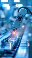 Poster - A robot is working on a conveyor belt with a bright light shining on it. The robot is surrounded by other robots, and the conveyor belt is filled with small objects