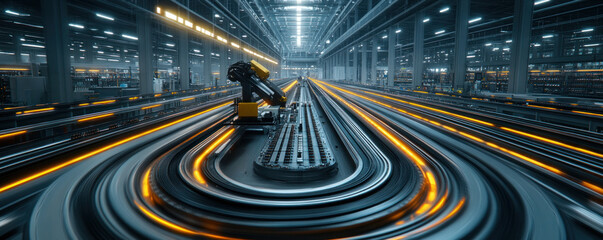 Poster - A factory with a conveyor belt and a robot