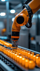 Poster - A robot is working on a conveyor belt with many yellow objects. The robot is orange and has a drill on its arm. The scene is industrial and mechanical
