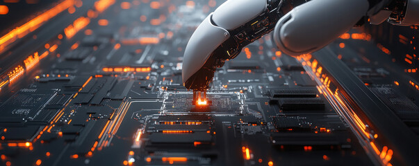 Poster - A robot is touching a computer chip. The image has a futuristic and technological feel to it