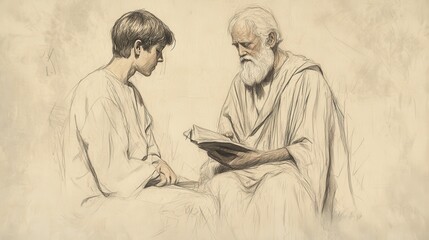 Inspirational Biblical Illustration: Eli Instructs Samuel in God's Ways, with Attentive Listening, Beige Background, Faith, Instruction, Old Testament Story