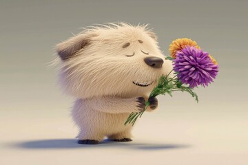 Wall Mural - Cute Cartoon Dog Holding Flowers