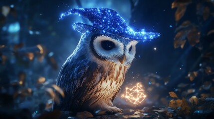 Magical owl wearing a sparkling wizard hat, glowing in a mystical forest. Enchanting and mysterious fantasy wildlife scene.