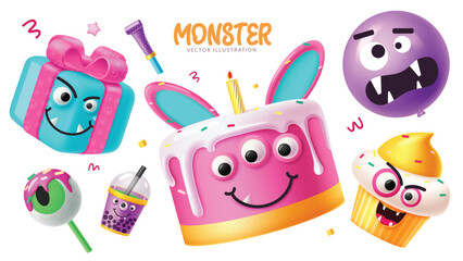 Wall Mural - Monster party characters elements vector set design. Birthday halloween elements collection like cake, gift, balloon, cup cake and juice cute character isolated in white background. Vector 