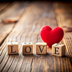 Love is on a wooden table with a heart shaped word in the middle