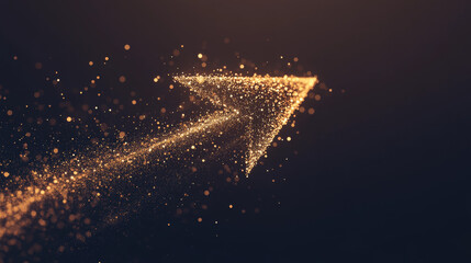 A simple, geometric arrow pointing upward with a shimmery gold dust effect. The arrow is made of tiny dots and lines, creating a sparkly, modern look against a dark background.low poly.