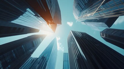 Wall Mural - Low-angle View of Modern Glass Skyscrapers Against a Blue Sky