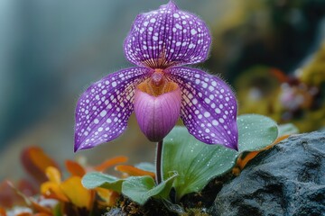 Purple spotted orchid blooming after rain in the forest