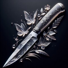 Wall Mural - knife with flowers on a black background