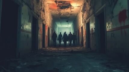 Wall Mural - Silhouettes of People Walking Down a Dark and Abandoned Hallway