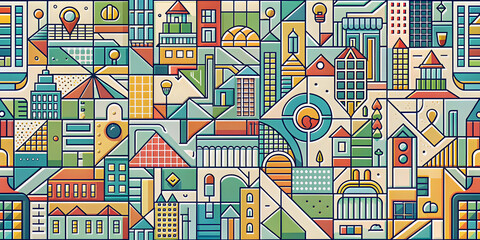 geometric cityscape: a vibrant, seamless pattern capturing the bustling energy of a modern metropoli