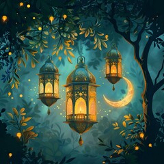 Vector illustration of Eid e Milad Un Nabii Backgorund with hanging light and moon in the background