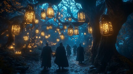 Canvas Print - Figures Walking Through a Forest Lit by Lanterns