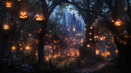 Wall Mural - A Mystical Halloween Forest with Jack-O'-Lanterns and a Distant Castle