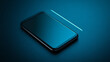 © Sahraya - A sleek, black smartphone rests on a dark blue table. The phone is shown from an angled view, making it look realistic. The screen reflects light, giving it a shiny look.