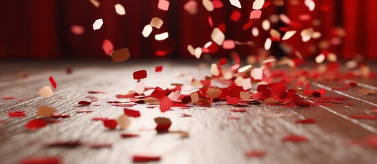 Wall Mural - Red and Gold Confetti Falling on Wooden Floor