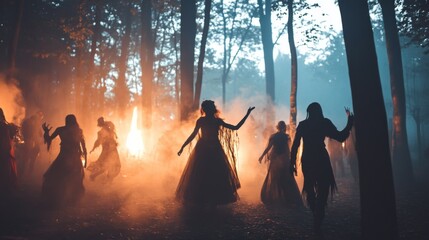 Canvas Print - Silhouettes of Women Dancing in a Foggy Forest with a Fire