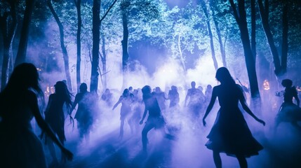 Wall Mural - Silhouettes of People Dancing in a Foggy Forest at Night