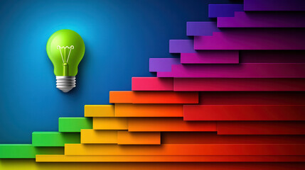 Poster - A green light bulb is on top of a colorful staircase. The staircase is made up of different colored blocks, and the light bulb is shining brightly against the blue background